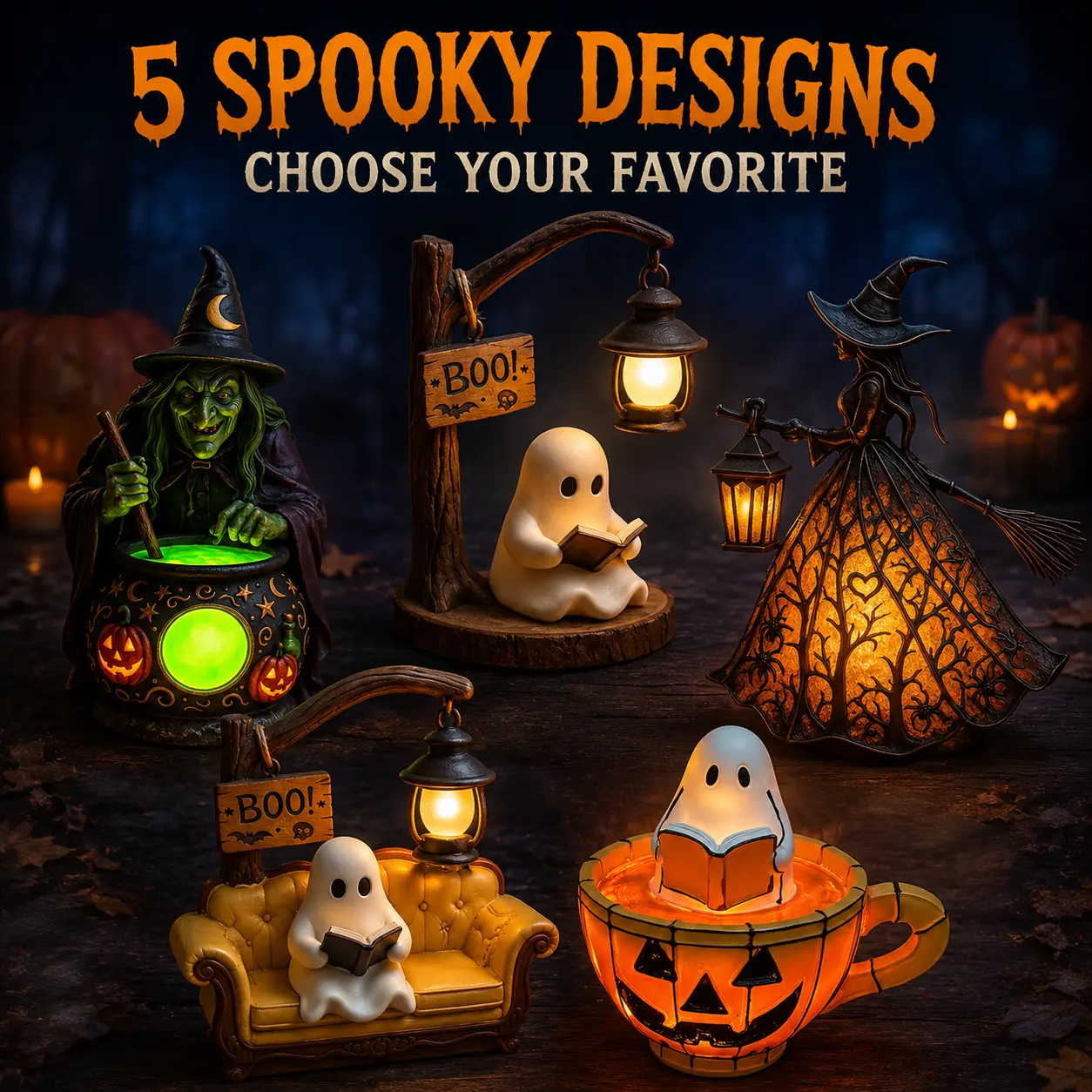 5-Style Halloween Lighted Figurines - Ghost Reading Lantern, Witch Cauldron, Pumpkin Cup, Lantern Dress Tabletop Decor, Spooky Indoor Night Light for Home Party (ghost a included)