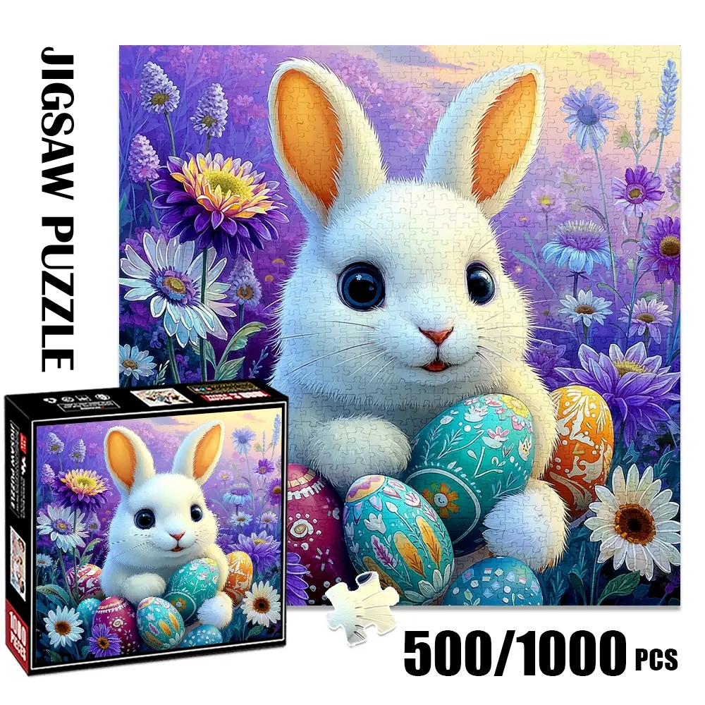 1pc 1000 piece adult puzzle 58x58cm Cute Bunny with Colorful Easter Eggs in Flower Field 500 pieces of paper puzzle, suitable for adults and families, large-scale DIY puzzle interactive toy games,