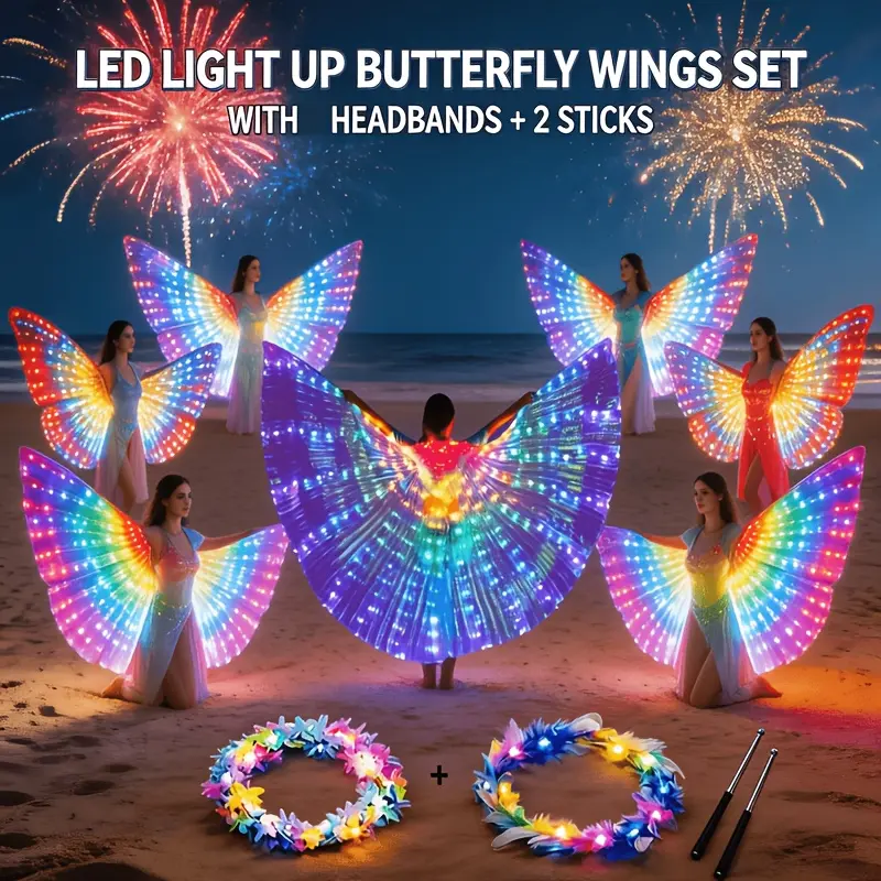 LED Belly Dance Isis Angel Wings Performance Gear - Polyester Light-Up Wings with Built-in LED Beads, Extendable Flexible Rods, 145cm Length, Eco-Friendly, Bulb Yellow/White, Christmas Photography Prop for Hobbies