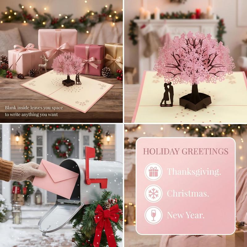 Handmade Cherry Blossom Card Pop Up 3D Flower Romantic Love Letter Greeting Anniversary Wedding Valentine Birthday Gift Card Blank Stationery Paper for Her Him Husband Wife