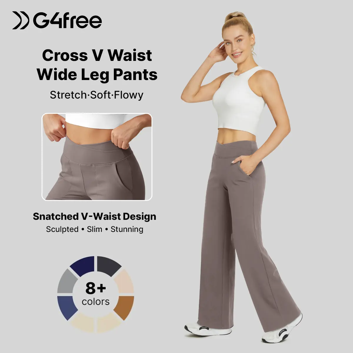 G4Free Women's Wide Leg Stretch Pants - Petite/Regular/Tall Sizes, Loose Minimalist Baggy Trousers with Pockets for Yoga Lounge, Comfort Basic Women's Bottoms