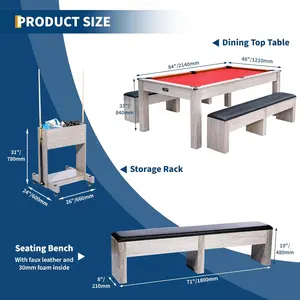 Red,7FT 3-in-1 Pool Table with Dining Top & Table Tennis | Billiard Table Set with Accessories (Balls, Cues, Ping Pong) | HDF Wood Grain Finish | Includes Rolling Storage Caddy Pool Chalk Home Gym