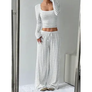 Flirla Women Striped Long Sleeve Top And Front Tie Pants Set Fall Cloth For Women