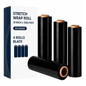 Black Stretch Film Wrap (4 Rolls), 18 in x 1500 ft, 80 Gauge (20 Micron) Heavy-Duty Industrial Packing Wrap, 7-Layer Self-Adhering Plastic Film for Moving & Pallet Prep (Home Improvement Building Supplies)