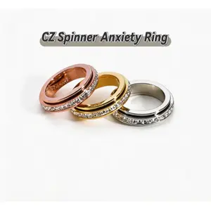 Anxiety Spinner Ring for Women Men, Titanium Steel CZ Fidget Band, Stress Relief Wedding Promise Ring, Comfort Fit Anti-Anxiety Jewelry, Size 5-10