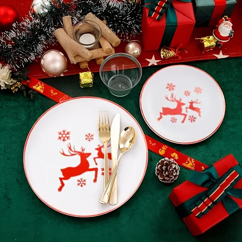 New 20pcs Red Golden Elk Pattern Plastic Plates Sets Include 10 Dinner Plates 10.25 Inch 10 Dessert Plates 7.5 Inch It Is Suitable For Christmas Party And Christmas Celebrations