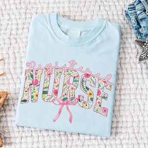 Comfort Colors Floral Registered Nurse Bow T-Shirt - Pink Girly Aesthetic RN Nurse Coquette Tee, Nursing School Graduate Gifts Nurse Week