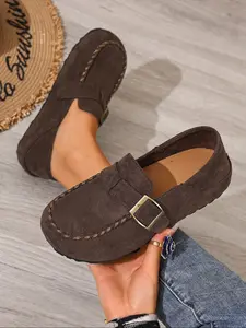 New Retro Metal Buckle Beanies Shoes for Women, Matte Leather Soft Sole Flats, Comfortable Casual Slip-On Sneakers, All Seasons Wear