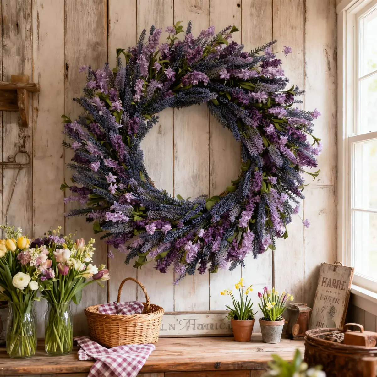 BIBELOT Circular PVC Artificial Floral Wreath - Vintage Farmhouse Decor with Autumn Foliage, Berry Clusters, Indoor Outdoor Decorative, Thanksgiving & All Seasons Use for Front Door, Wall Mount, Festive Decoration