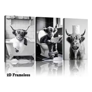 3-Piece Set / Fun Bathroom Canvas Wall Art: Highland Cattle Theme, Black-and-White Animal Prints, Reading the Newspaper Theme Posters; Rustic Farmhouse-Style Bathroom and Toilet Decor; 2D Flat, Frameless, Funny Wall Decor