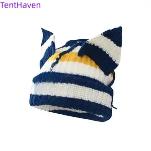 2026 Korean version new knitted hat with contrasting colors, cute pig ears, thick woolen hat, children's women's fashion, autumn and winter