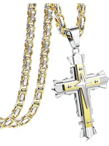 1 Pc Golden Men's Cross Pendant Necklace For Women Men Stainless Steel Cross Chain Necklace Byzantine Chain Pendant Cross 56/61/71CM Stainless Steel Jewelry Set