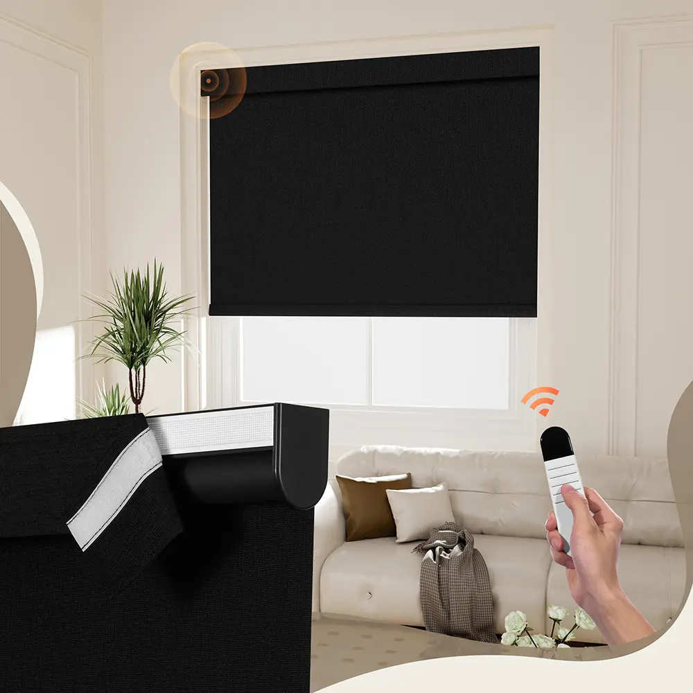 Pocageum Custom Motorized Blackout Roller Shades - 28 mm Tube Cordless Blinds with Remote Control & Valance, No App Needed, 21"-60" W x 72" H, for Home & Office