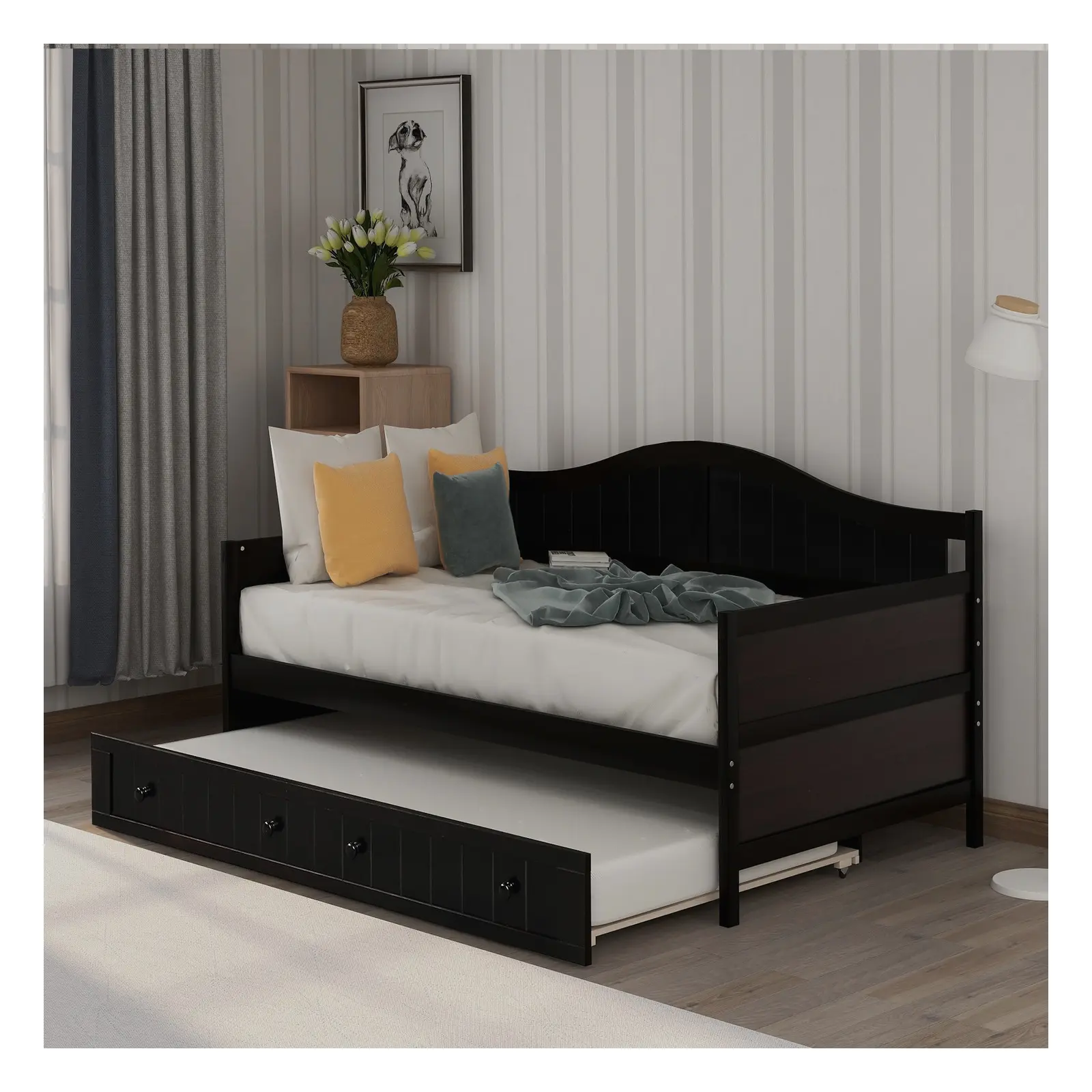 Twin Wood Daybed Frame with Trundle, Space-Saving Design and 400 lb Capacity, Espresso/Gray