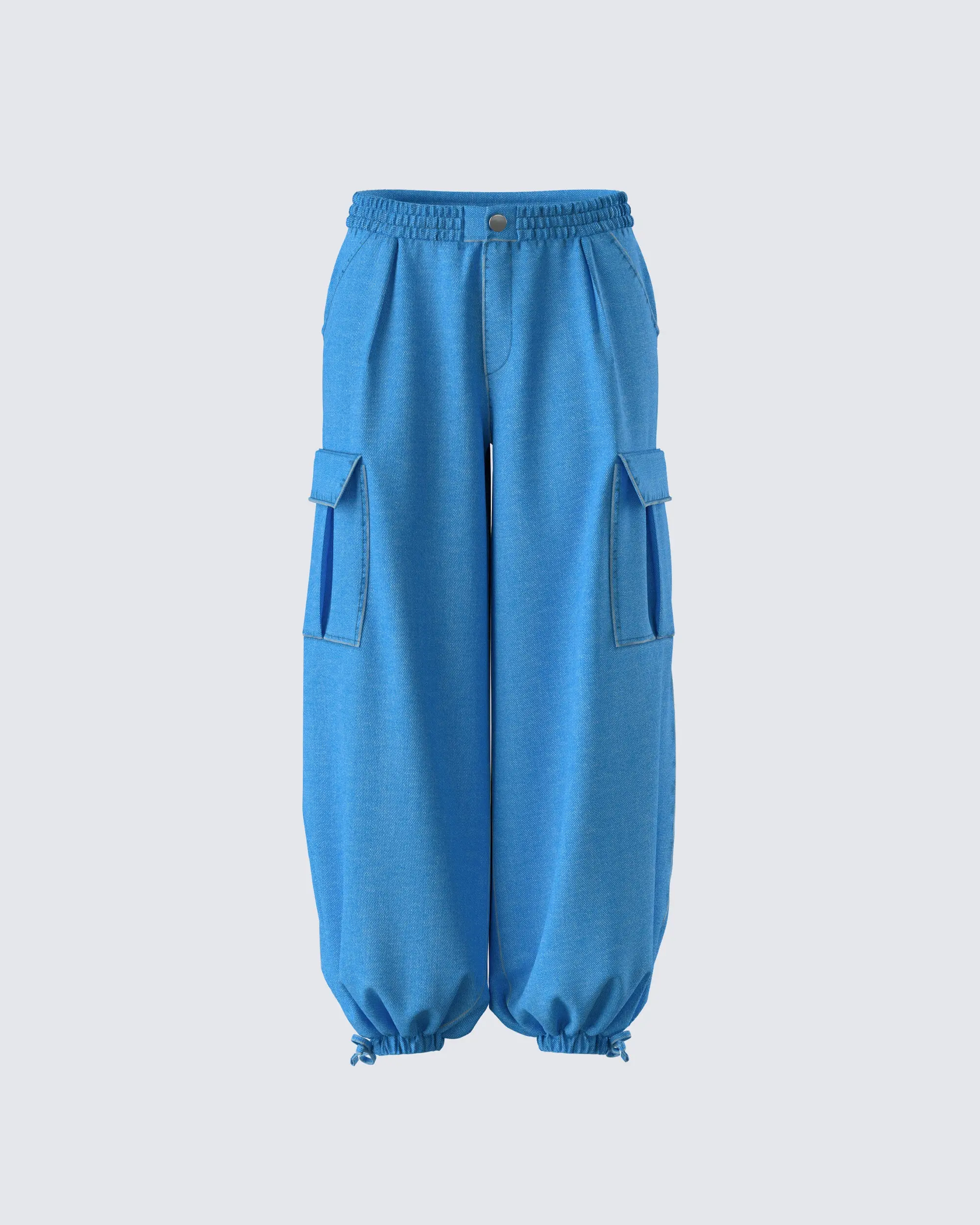 Women's Blue Denim Cargo Pants - Baggy Parachute Fit, Elastic Waist, Drawstring Ankles, Button Accents, Street Style