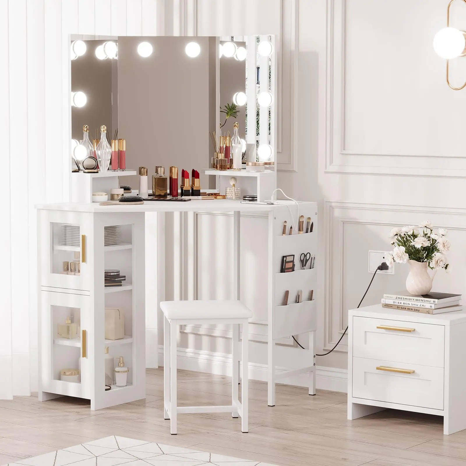 Corner Vanity Desk Mirror - 3-Fold Mirror with 3 Lighting Modes, Built-in Power Station with Outlets and USB Ports, for Bedroom, Makeup Studio,White