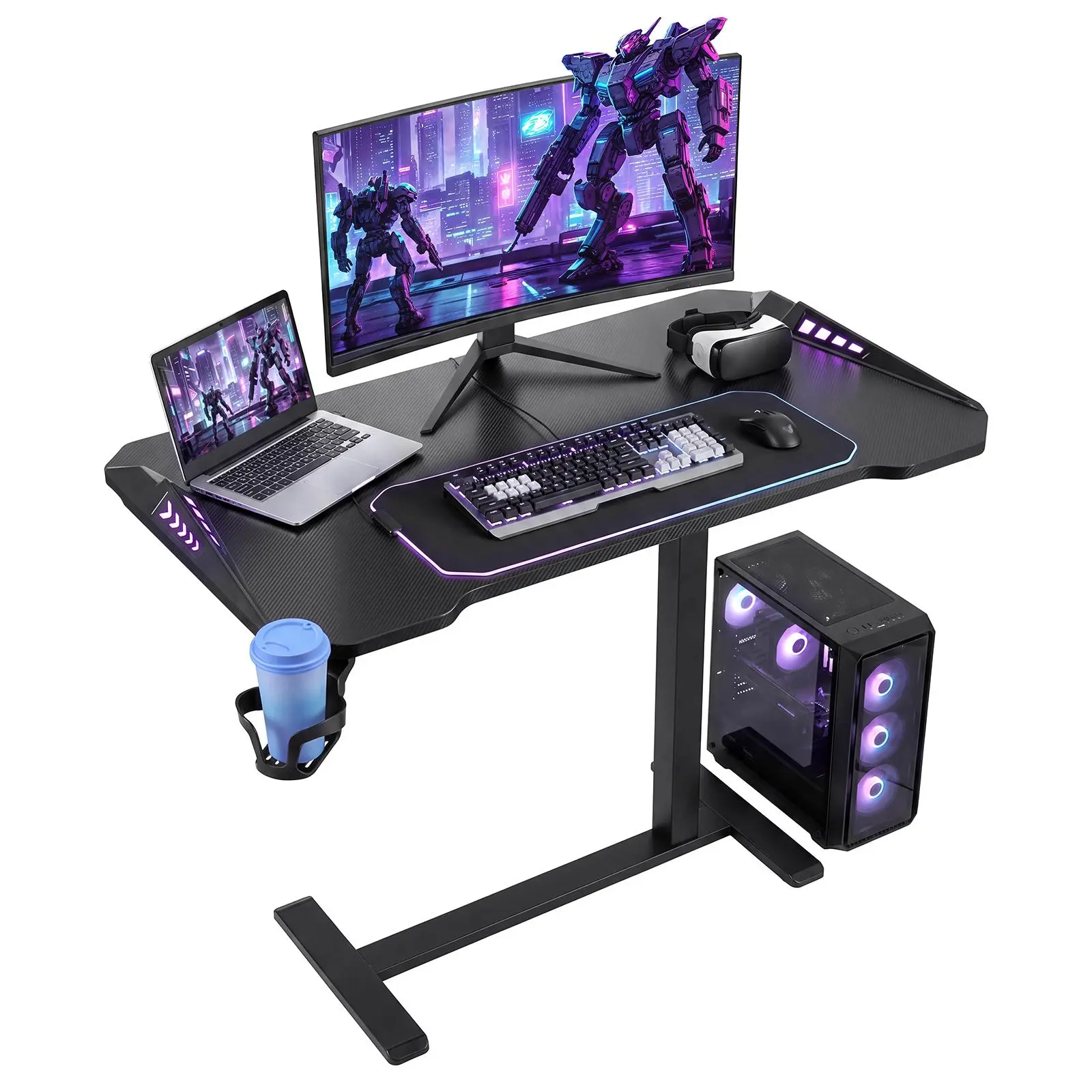 VEVOR Overbed Table 31.5"W x 17.7"D Mobile Gaming Desk with Hidden Wheels, for Home Office Bed Couch, Height Adjustable Bedside Rolling Laptop Desk, Standing Cart with RGB Light & Cup Holder, Black