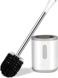 Toilet Brush and Holder Set, Stainless Steel Handle, ABS Base, Small Size, Space-Saving Storage, Deep Cleaning, Drip-Proof, Easy to Assemble, Nylon Bristles, White & Grey