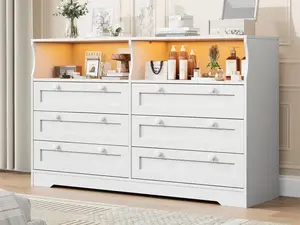 White Dresser for Bedroom Deep Drawers, Wide Wooden Bedroom Dressers with Power Outlet and Led Lights, Large Modern 6 Drawers Dressers and Tv Stand Dresser for Living Room, Hallway