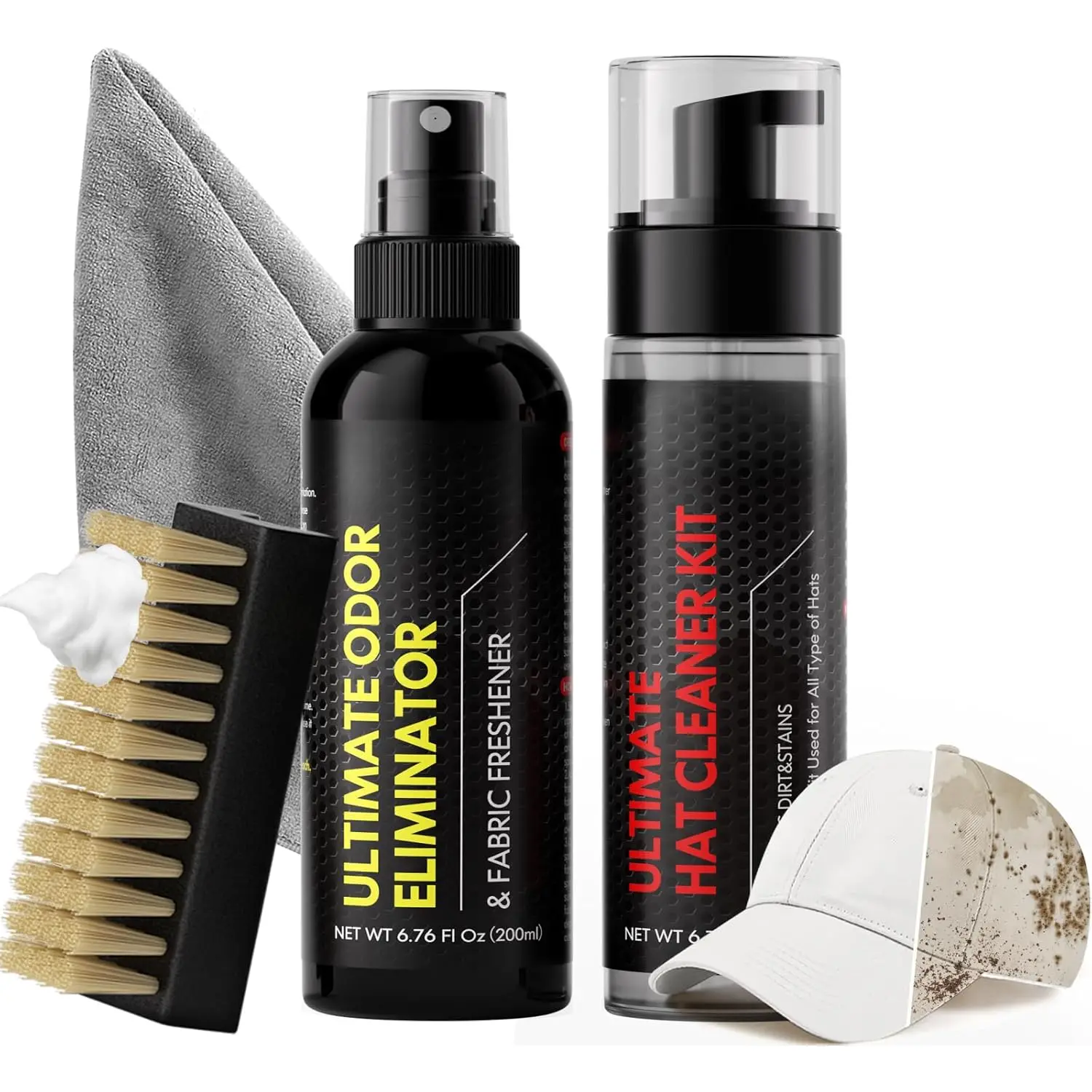 Hat Cleaner Kit,Ready-To-Use ,Quick Drying for Cleaning Baseball Caps of All Materials Cotton,,Leather,Felt and More Cleans 50+ Hats (Cleaner 6.76oz+Deodorizer 6.76oz,Towel,Brush)