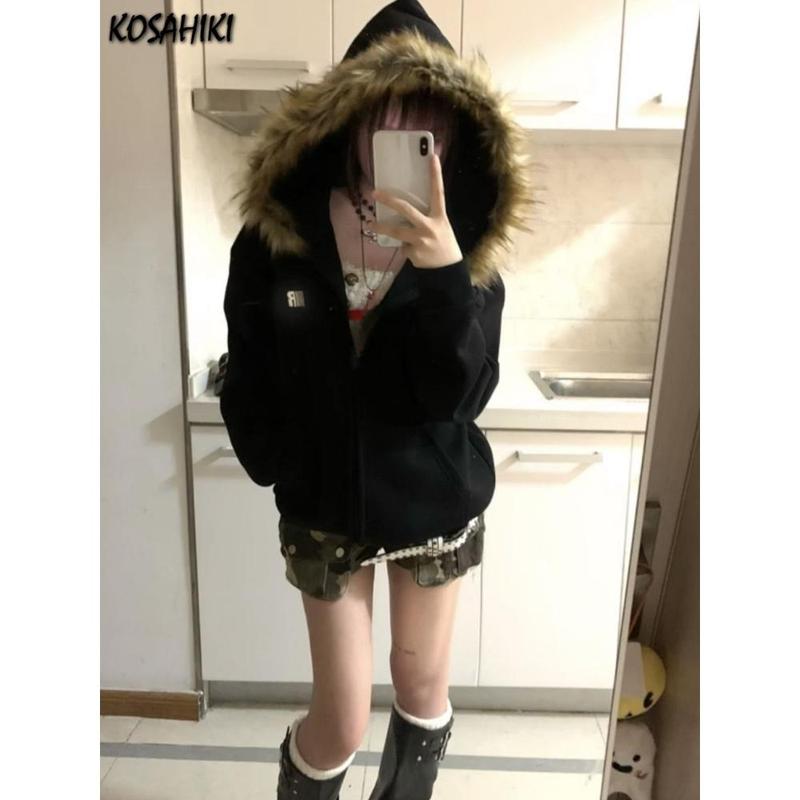 Harajuku Casual Fur Patchwork Hooded Hoodies 2025 Women Y2k Aesthetic Loose Pocket Streetwear Coats Grunge Zipper Sweatshirts