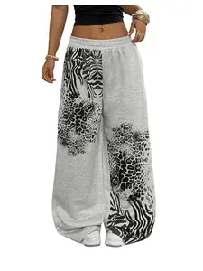 Women's Y2k Goth Leopard Print Baggy Sweatpants Elastic Waist Wide Leg Long Pants for Casual Wear Everyday Bottoms Grey Style pants women