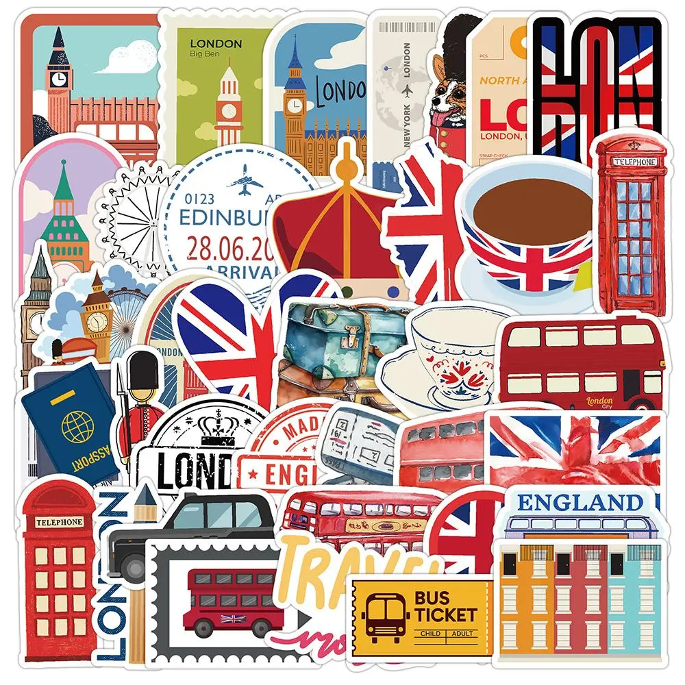 London Series Sticker (50pcs), Waterproof Self Adhesive Decor Paper, Decor Sticker for Gift Greeting Card Water Bottle Laptop Phone