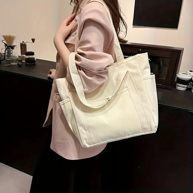 Large Capacity Canvas Handbag, College Style Commuter Shoulder Bag with Zipper Closure, Durable Spacious Work Bag for Students & Professionals