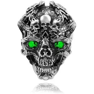 Men's Gothic Multi-Skull Ring with Green Eyes - Adjustable Titanium Steel Biker Statement Ring