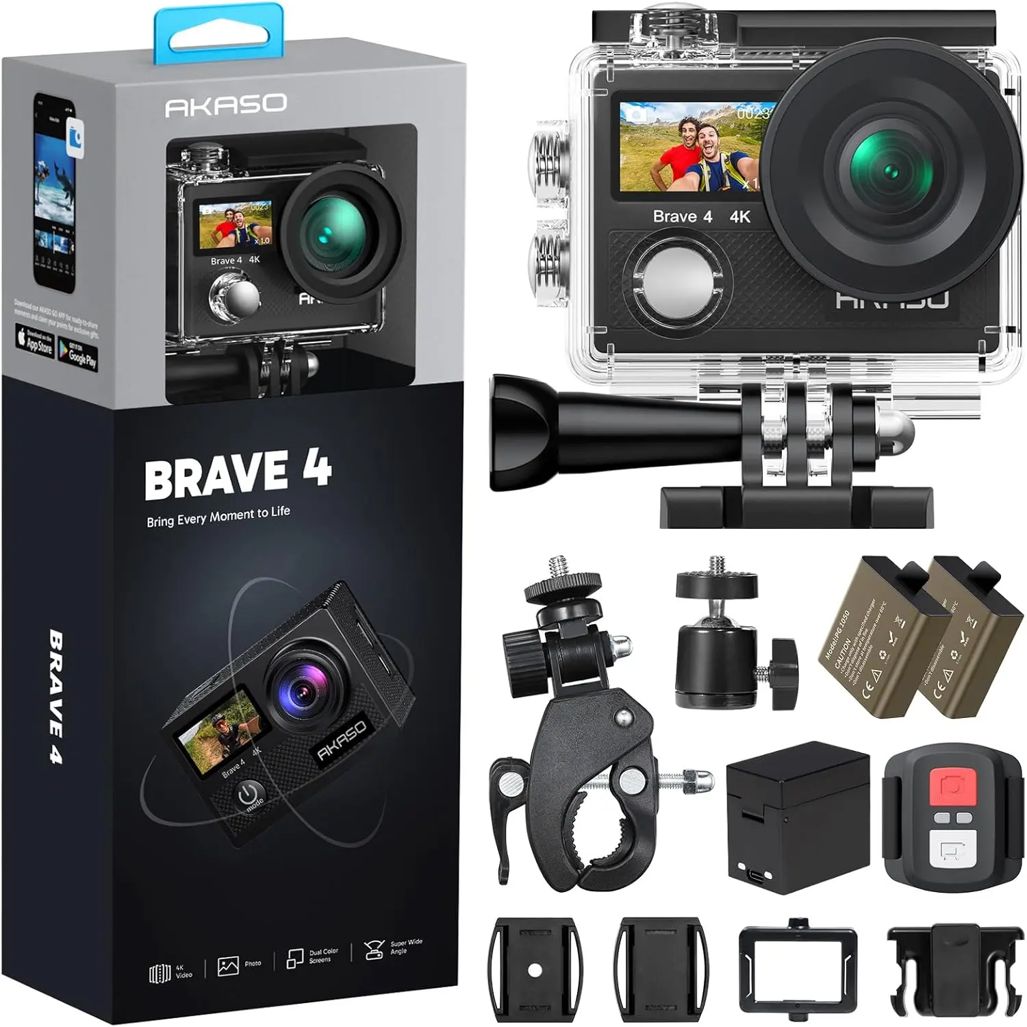 Brave 4 Action Camera 4K 30fps Ultra Hd Video 20MP Photo, EIS, WiFi, 2X Batteries, Waterproof Underwater Camera, Camcorder Bundle for Snorkel, Travel, Motorcycle, Bicycle, Helmet Accessories Kit