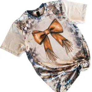 Western Bow Cowhide Bleached Tee Top Comfort Comfortable Tshirt Crewneck Shortsleeve