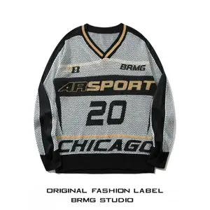 Men's color blocked letter and number pattern off shoulder sweater pullover, spring and autumn casual loose long sleeved V-neck jumper, fashionable men's knitted sweater for daily wearRAIMENTRY