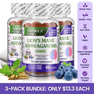 TikTokShopBlackFriday NOORUZ Brain Booster Gummies - 4-in-1 Anti-Aging Formula with Lion's Mane, Ashwagandha & Magnesium - Blueberry Flavor - 60 Gummies - Gluten-Free, Vegan, Non-GMO - 3-Pack Bundle Adaptogenic Mushrooms Supplement