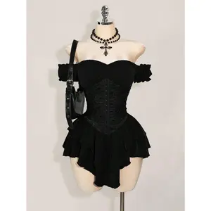 Women's Off-Shoulder A-Line Chiffon Mini Dress Gothic Clothes Ruched Jacquard Ruffle Trim with Tie Waist, Elegant for Party