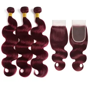 3/4 Bundles With Closure Body Wave Highlight Burgundy 99J Human Hair 4x4 Lace Front With 3 Bundles Brazilian Hair For Women