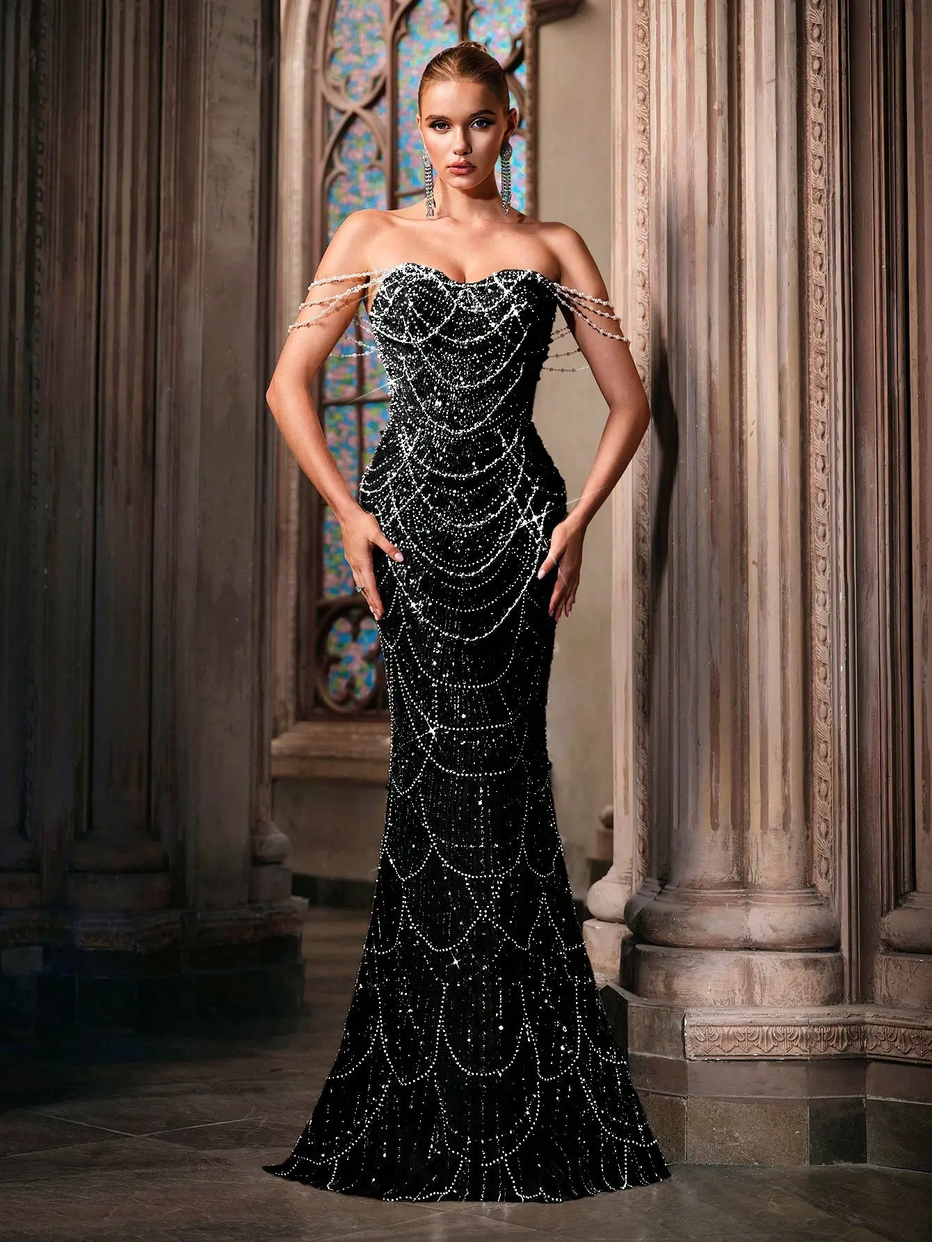 Luxury Beaded Mermaid Evening Gown | Strapless Black Formal Dress for  Wedding & Prom | Maxi Length Woven Fabric Hand Beading Sequin Splicing  Womenswear - TikTok Shop