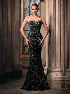 Luxury Beaded Mermaid Evening Gown | Strapless Black Formal Dress for Wedding & Prom | Maxi Length Woven Fabric Hand Beading Sequin Splicing Womenswear