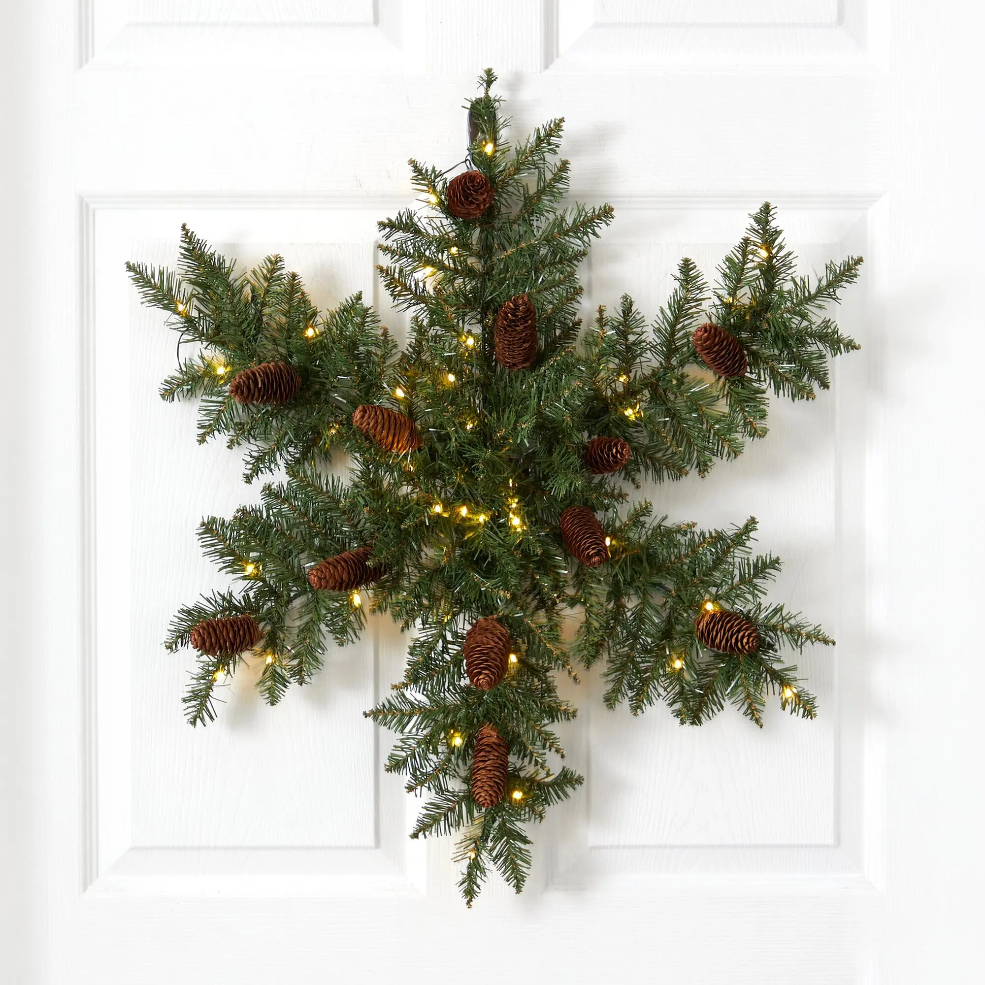 30-in Pre-Lit Rustic Snowflake Artificial Dunhill Fir Wreath, 30-in Diameter Nature-Inspired Festive Decor, 40 LED Lights, Pinecones, Star Ornaments for Wall Display