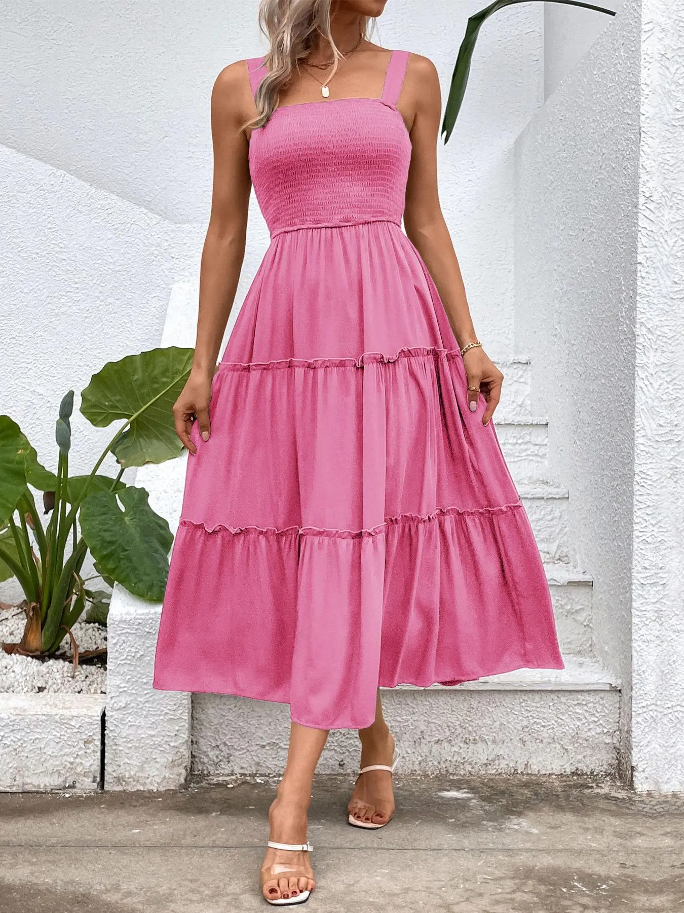 Women's Frill Trim Ruffle Hem Shirred Backless Fitted Sundress Cami Dress, Sleeveless A Line Long Dress, Women's Frill Trim Ruffle Hem Shirred Backless Fitted Sundress Cami Dress, Sleeveless A Line Long Dress,