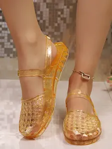 Women's One-Step Transparent Jelly Hollow Flat Sandals, Beach Summer Wear, Comfortable Design, Daily Use, All over Print