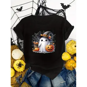 Halloween Ghost with Hat and Pumpkin Design, Casual Polyester T-Shirt for Adults, Medium Stretch Knit Fabric, Round Neck, All-Season Comfort - Halloween Themed Top