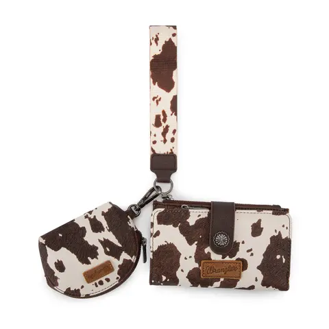 Wrangler Western Cowprint Keychain with Matching Wristlet Wallet for Women Key Ring Accessory