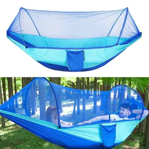 Automatic Quick Open Camping Hammock with Mosquito Net, 210T Parachute Nylon, 13ft Tree Straps & Carabiners, 400LBS Large Size (8.2x3.9ft) Blue Outdoor Hammock