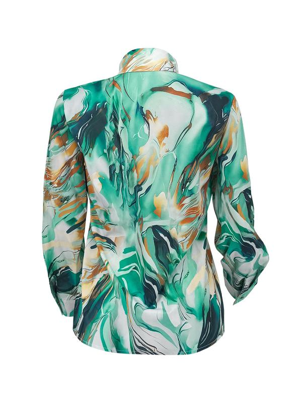 Women's Random Print Curved Hem Satin, Casual Long Sleeve Button Front Collared Blouse Top for Daily Wear, Ladies Clothes for All Seasons