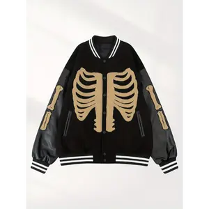 [Cool Men's Varsity Jacket] Vintage Cool Men's Varsity Jackets | Skeleton Embroidery Baseball Bomber Coats Outerwear for Halloween Costumes Party Club