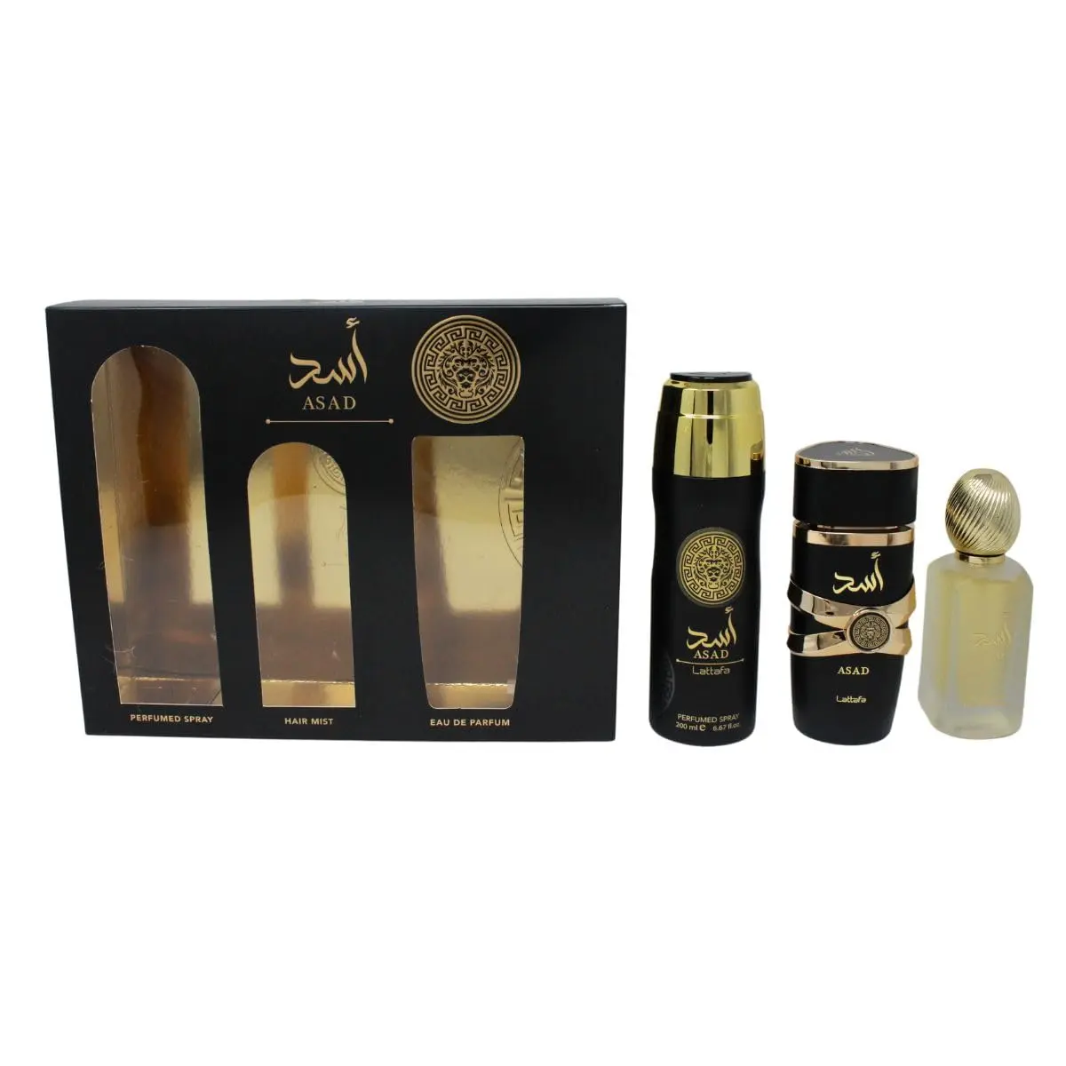 Lattafa Asad Unisex Fragrance Set (128606) - 3.4 oz EDP, 1.7 oz Hair Mist, 6.7 oz Body Spray