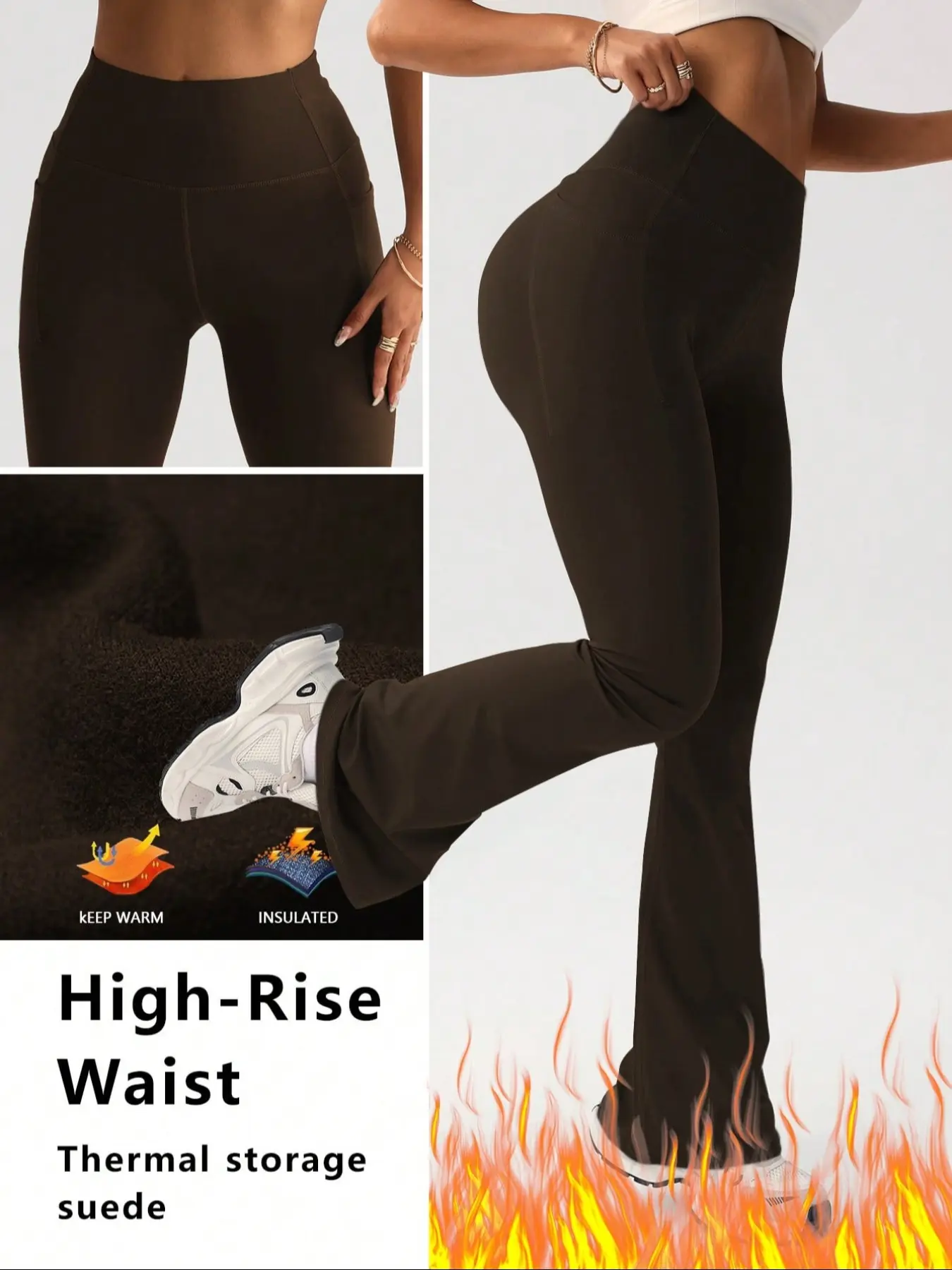 Women's Winter Fleece Pants, High Waist Pocket Warm Yoga Tight Bell Bottoms, Comfortable Sport and Warm Fitness Long Pants, Sports Bottoms, Activewear Bottoms