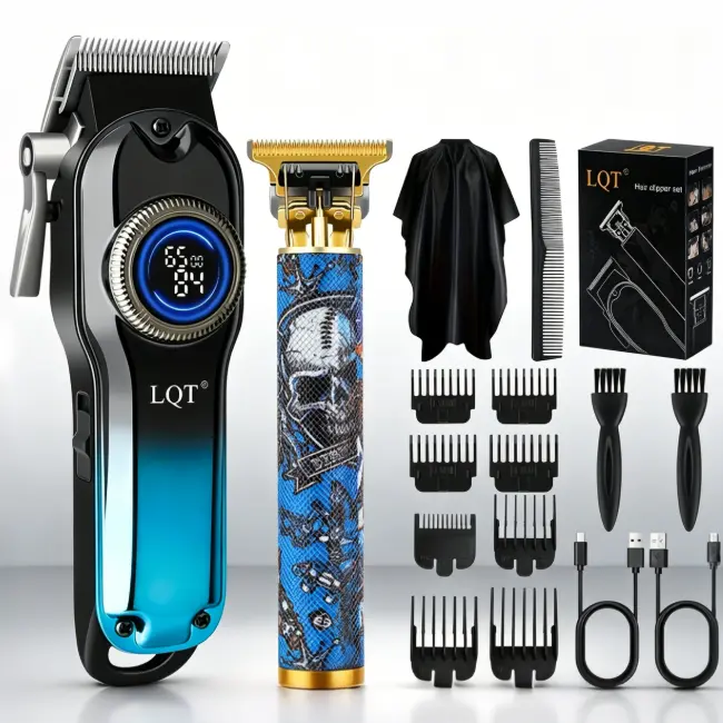 LQT 2-in-1 Skull Print Barber Hair Clipper Set - Gradient Blue Main Clipper with Circular LED Display, 0-Gap T-Blade Detail Trimmer, Cordless USB Rechargeable Kit with Hair Cape, All Guide Combs for Salon & Home Use