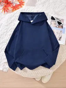 Boys' Casual Fall Winter Drop Shoulder Hoodie, Solid Color Pocket Design Sweatshirt, Comfortable Long Sleeve Pullover for Kids, Trendy Daily Wear