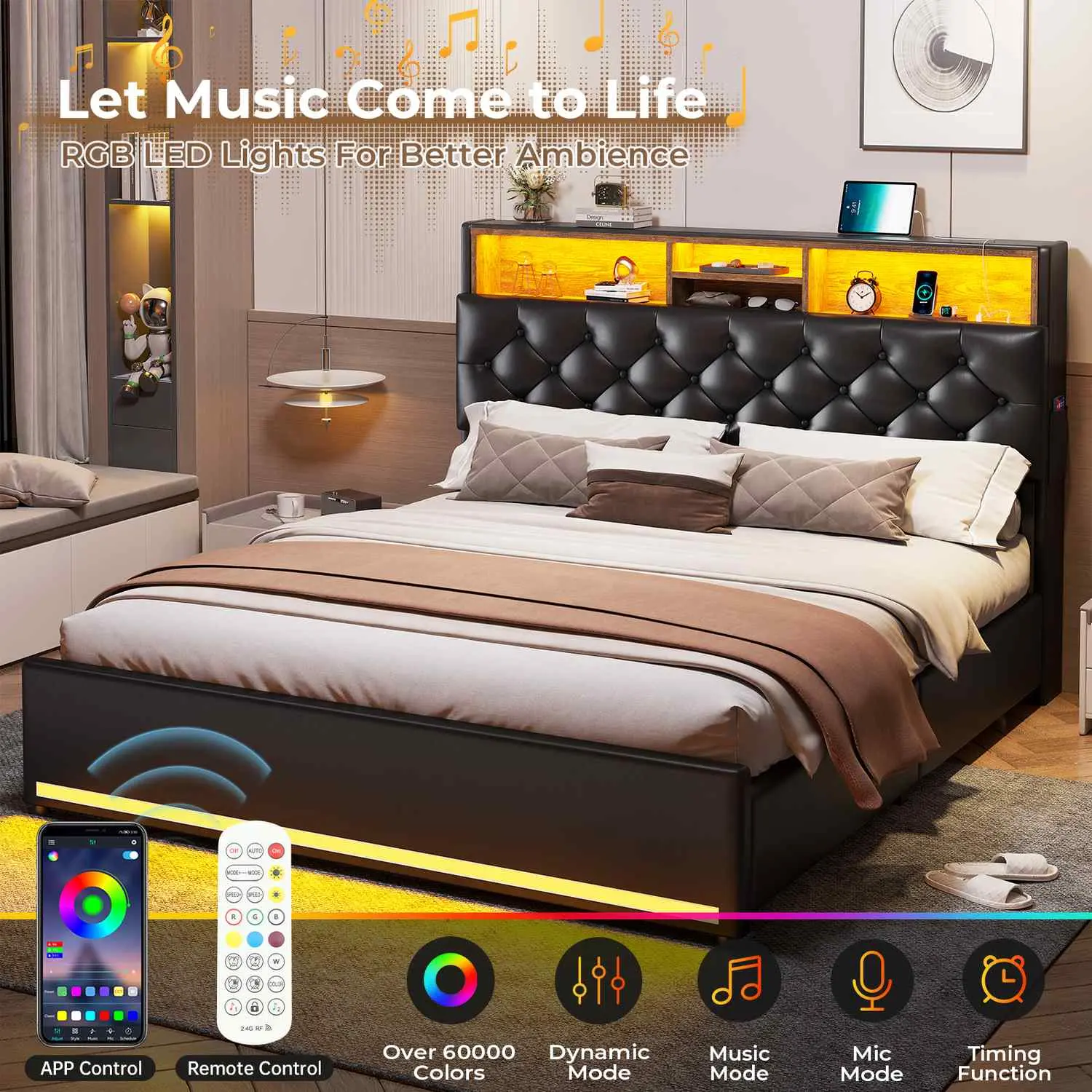 SIKAIC Black Modern Queen Bed Frame with LED Headboard, Color Changing LED Strips, USB Port, Premium Texturised Soft Backrest, Elegant Silhouette, Drawers, Silent Squeak-Resistant Design - Assembly Required for Bedroom Use, Moody Bedroom